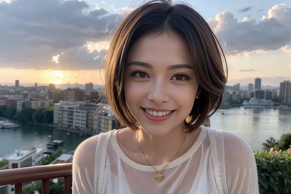 (Realistic:1.1),(masterpiece,Highest quality),8k,(49 years old), 53 years old, ベリーslimボディ、slimカップル、Tight waist,Upper Body,sashimi、Tempura、Japanese sake、Shochu 、Amazing view of the sunset sky and clouds、Perfect Anatomy, Brown Hair, short hair,Random Hairstyles,((Highly detailed face and eyes:1.2)),Perfect golden ratio face,Long sleeve shirt、dress,(smile:1.2)、Shortcuts、cute、(Realistic, Intricate details:1.2), A bright smile、short hair,Bright Face、Champagne、sparkling wine、(slimな顔), (The body is slim), (Brown Hair), (Shortcuts), Upper Body, slim, wine glass,