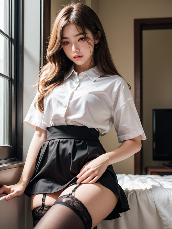 Molester、Voyeur、8k、写真画像masterpiece、Highest quality、Super Resolution、Large file size、Very detailed、High resolution、Highest quality、masterpiece、Very detailed、CG、Unified、8k wallpaper、wonderful、細部にまでこだわったmasterpiece、Highest quality、High resolution、masterpiece、outstanding features 、8k品質、(Tabletop:1.25)、 (Highest quality:1.6)、(超High resolution:1.5)、(Genuine:1.75)、8k解像度、 (RAW Photos:1.2)、(Genuineistic:1.4)、Pale light and shadow、Dindal effect、Light on the face、Cinema Lighting、In a crowded train、A strong wind blows through the car window、Windblown Hair、((delicate feet photos))、Low angle view from the feet、1 23-year-old female、Beautiful detailed woman、Beautiful woman with light brown hair, delicate light brown hair、disheveled curly hair、((Light brown beauty))、(hair over one eye:1.3),、Incredibly cute face、Delicate eyes、And slim、Very small waist、Very detailed eyes and face、Beautiful details、Ridiculous、((short sleeve, extremely thin shirt, collared shirt, white skirt, black lace thong, shiny silk thigh-highs, ))、Wearing high heels、 (She is looking at the window、Anxious expression、I can't hide my bewilderment、No one will help you、Filled with sadness、blush, open mouth, shy, embarrassed, cute face blush embarrassed),Illumination from below、The inside of the skirt is clearly visible..、Favorite Images、スカートからチラリと見えるblack lace thongVoyeur、camel toe,
