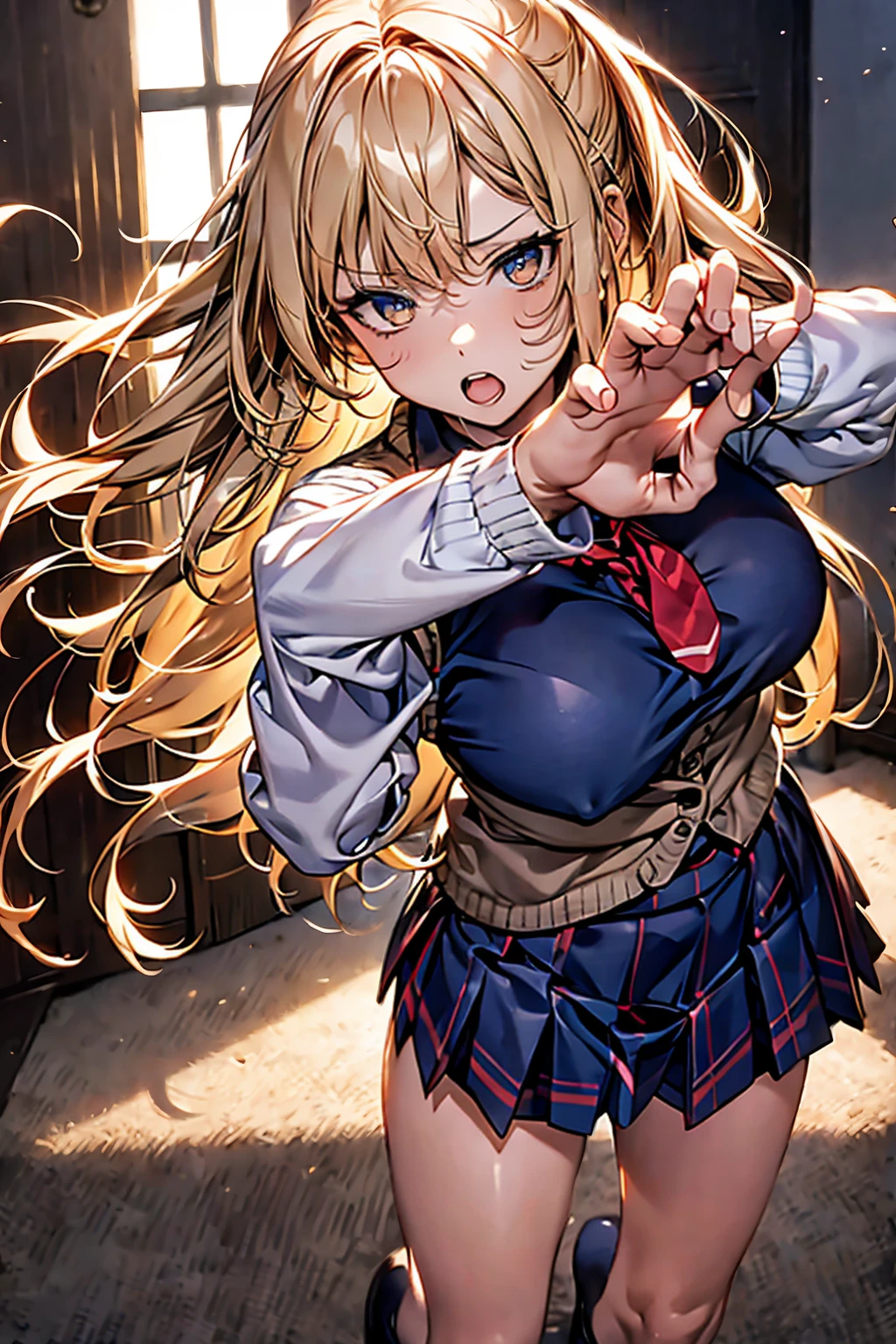 Browsing Caution,(Highest quality, 8k, masterpiece:1.3,beautiful girl), (Very detailed)Glowing Skin,(((Long Hair,blonde,Beautiful Hair))),(Perfect Anatomy, Anatomically correct, Very detailed肌),((Golden Eyes)),((Perfect Fingers,Five Fingers)),((Light blue collared shirt, Navy pleated mini skirt, socks, Navy tie, Light brown cardigan, White knee socks)),Pink Panties, Knee-high socks,Knee-high socks on both feet,Double teeth,Big Breasts,Big Ass,Get angry、とてもGet angry、School、School building、((顔を赤くしてGet angry)),Raise your hand,Place one hand on your hip