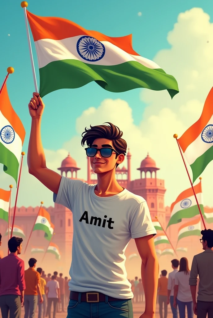 Make a 19 year's handsome   animated 
Men  ,character who's name is Amit" and he celebrate independence day in red fort and  he salute to indian flag  write  the name Amit,, on his t shirt and he wear a a sun glass and salute to indian flag and many  indian flag fly around back and size according to whatsApp dp and many people celebrate independence day in behind the character