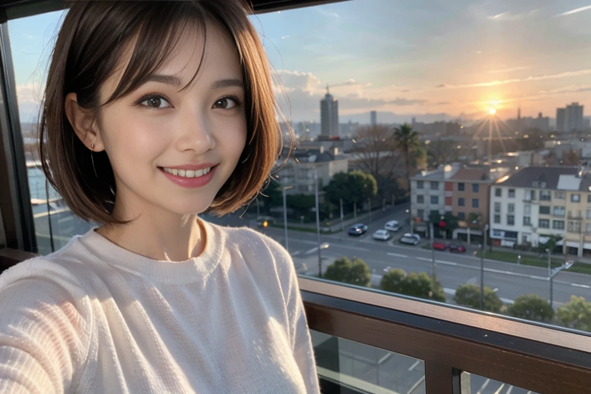 （Realistic:1.1）,(masterpiece,Highest quality)，8k,(49 years old), 53 years old, ベリーslimボディ、slimカップル、Tight waist,Upper Body,sashimi、Tempura、Japanese sake、Shochu 、Amazing view of the sunset sky and clouds、Perfect Anatomy, Brown Hair, short hair,Random Hairstyles,((Highly detailed face and eyes:1.2))，Perfect golden ratio face，Long sleeve shirt、dress,(smile:1.2)、Shortcuts、cute、(Realistic, Intricate details:1.2), A bright smile、short hair,Bright Face、Champagne、sparkling wine、(slimな顔), (The body is slim), (Brown Hair), (Shortcuts),  Upper Body, slim, wine glass, 