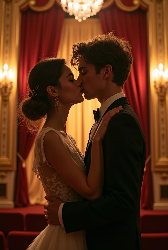 takes a photo of a theater background where there is a very pretty brunette girl with brown eyes and a brunette boy with green eyes about to kiss, They are both 16 year old agers