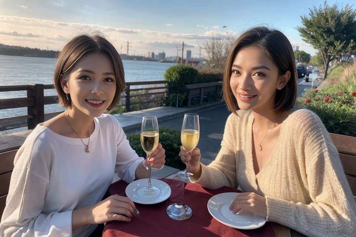 (Realistic:1.1),(masterpiece,Highest quality),8k,(49 years old), 53 years old, ベリーslimボディ、slimカップル、Tight waist,Upper Body,sashimi、Tempura、Japanese sake、Shochu 、Amazing view of the sunset sky and clouds、Perfect Anatomy, Brown Hair, short hair,Random Hairstyles,((Highly detailed face and eyes:1.2)),Perfect golden ratio face,Long sleeve shirt、dress,(smile:1.2)、Shortcuts、cute、(Realistic, Intricate details:1.2), A bright smile、short hair,Bright Face、Champagne、sparkling wine、(slimな顔), (The body is slim), (Brown Hair), (Shortcuts), Upper Body, slim, wine glass,