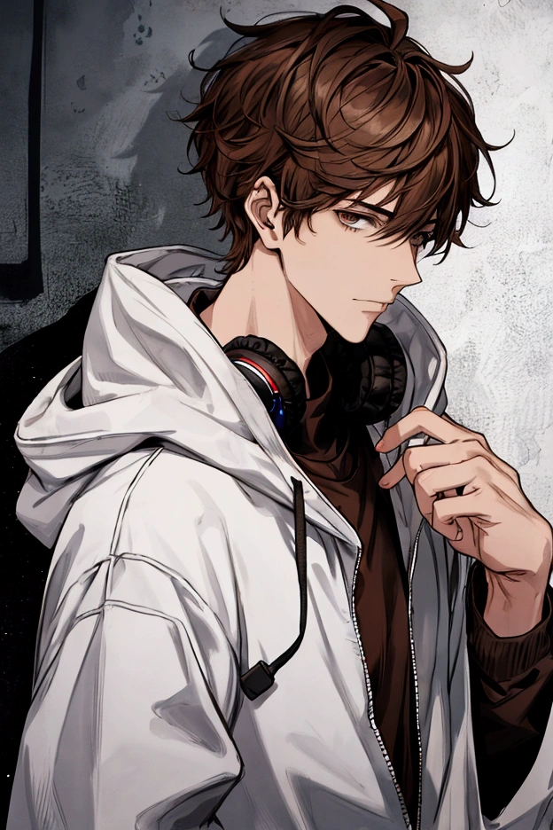 Guy, short hair, brown hair, messy hair, wears headphones around neck, wearing a hoodie, white mask in hand, half body, handsome, high quality 