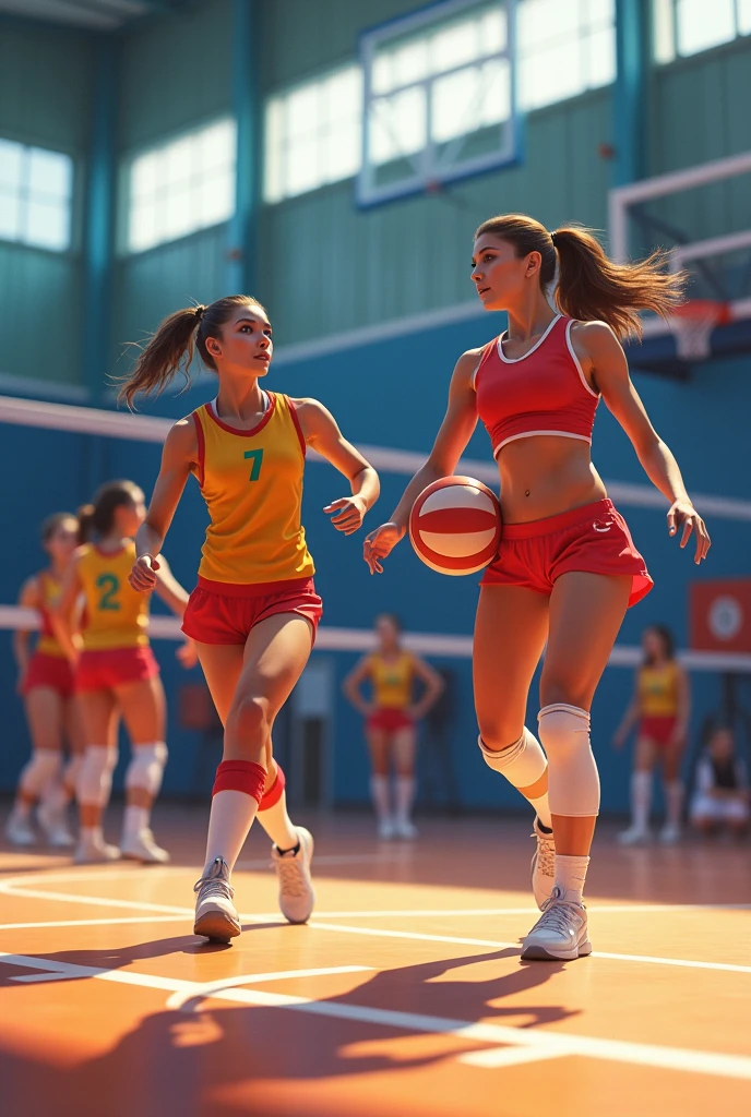 two teams, one for volleyball and one for dance, In both groups all are women

