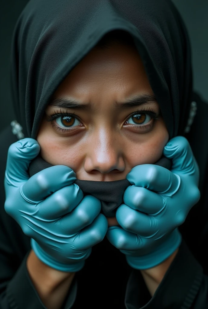 (photography)(dynamic) A closeup face of a female Malay, wearing hijab. Her mouth is gagged by two gloved hands. Crying expression.