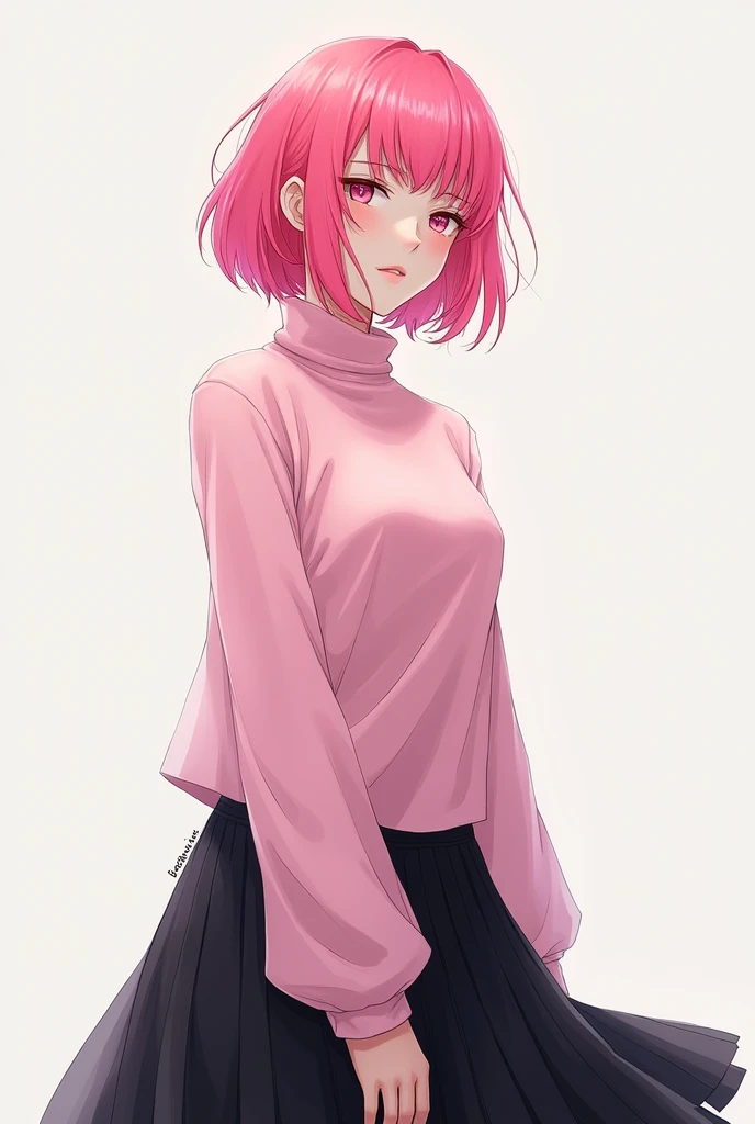 1 girl, pleatedskirt, Black Skirt, high collar sweater, Pink sweater, covering her breasts, arm at side, pink  hair,, work of art, best qualityer, highy detailed