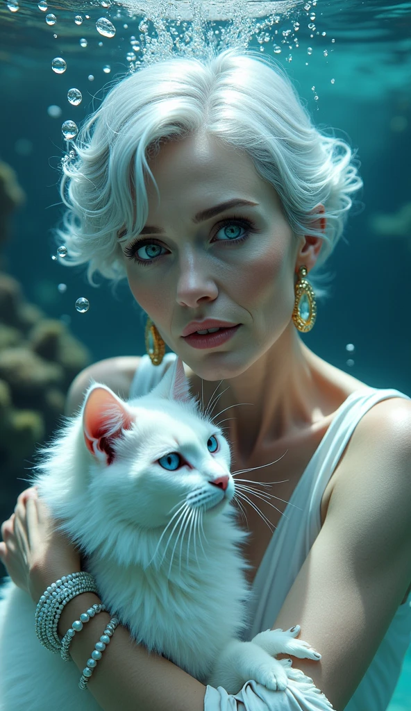 masterpiece, best quality, 8K resolution, very detailed, hairy,blue eyes, gray hair, Short hair, water elements, Underwater background, White cat, White skin, white stripes, White bracelet, corals,bubble, Gold earrings