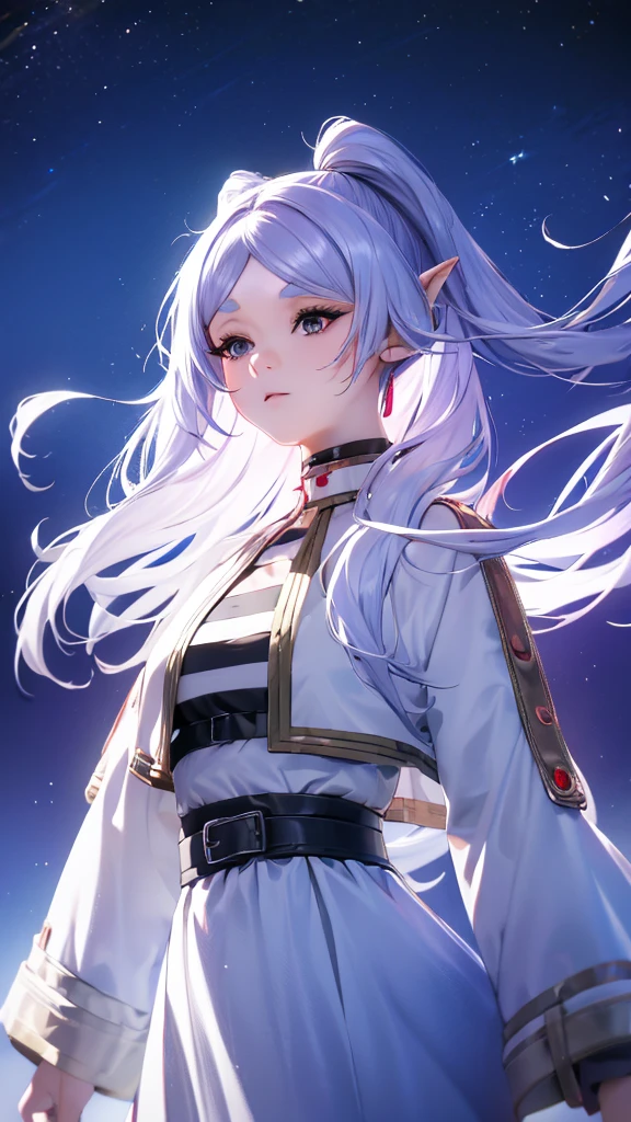 1 person, 20-year-old girl, One person, (Silver Hair), Long pointed ears、Elf、(Gradient sky blue hair tip:1.6), hair, Ridiculously long hair, Single Side Lock, Wavy Hair, Shine髪, Floating Hair, (Fantastic deep purple eyes), Delicate eyes, Aqua Eye, Very fine eye, Long upper eyelashes, ((Glowing Eyes)), compensate, Focus on the face, Highly detailed facial, Pretty face, Perfect breasts, Hot body, (Delicate skin texture:1.2), break, White extra long skirt, Fashion Clothing, necklace, Technical clothing masterpiece, on the road, Gazing at the starry sky, meteor, cyber punk, Detailed Background, The perfect layered cut, clean focus, (magazine:1.3), (Cover Style:1.3), Octane Rendering, Tyndall effect, Real, Dark studio, Side light, 2-color illumination, realism, Chiaroscuro, (Shine光), Shine, Ray Tracing, Cinema Lighting, Futurism, Motion Blur, Atmospheric perspective, Depth of written boundary, Bokeh, Highest quality, 超High resolution, Super Detail, masterpiece, High resolution, Accurate, retina, Anatomically correct

