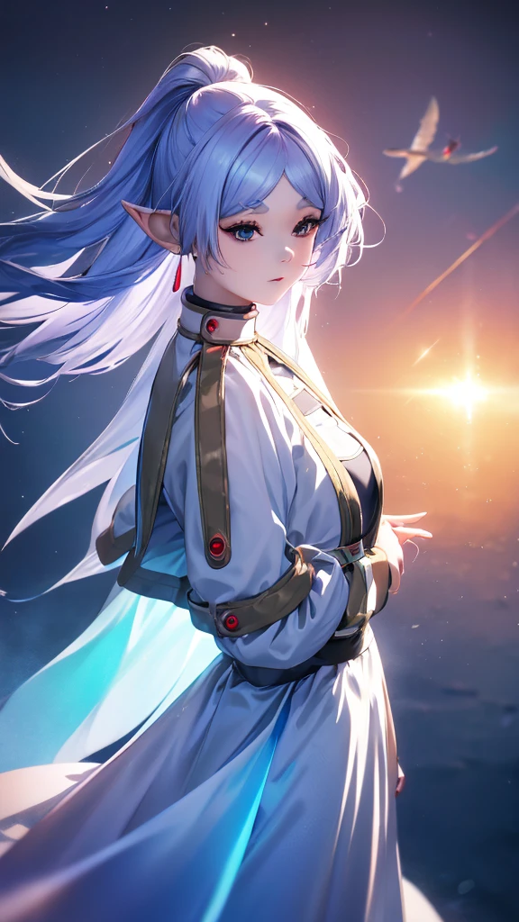 1 person, 20-year-old girl, One person, (Silver Hair), Long pointed ears、Elf、(Gradient sky blue hair tip:1.6), hair, Ridiculously long hair, Single Side Lock, Wavy Hair, Shine髪, Floating Hair, (Fantastic deep purple eyes), Delicate eyes, Aqua Eye, Very fine eye, Long upper eyelashes, ((Glowing Eyes)), compensate, Focus on the face, Highly detailed facial, Pretty face, Perfect breasts, Hot body, (Delicate skin texture:1.2), break, White extra long skirt, Fashion Clothing, necklace, Technical clothing masterpiece, on the road, Gazing at the starry sky, meteor, cyber punk, Detailed Background, The perfect layered cut, clean focus, (magazine:1.3), (Cover Style:1.3), Octane Rendering, Tyndall effect, Real, Dark studio, Side light, 2-color illumination, realism, Chiaroscuro, (Shine光), Shine, Ray Tracing, Cinema Lighting, Futurism, Motion Blur, Atmospheric perspective, Depth of written boundary, Bokeh, Highest quality, 超High resolution, Super Detail, masterpiece, High resolution, Accurate, retina, Anatomically correct
