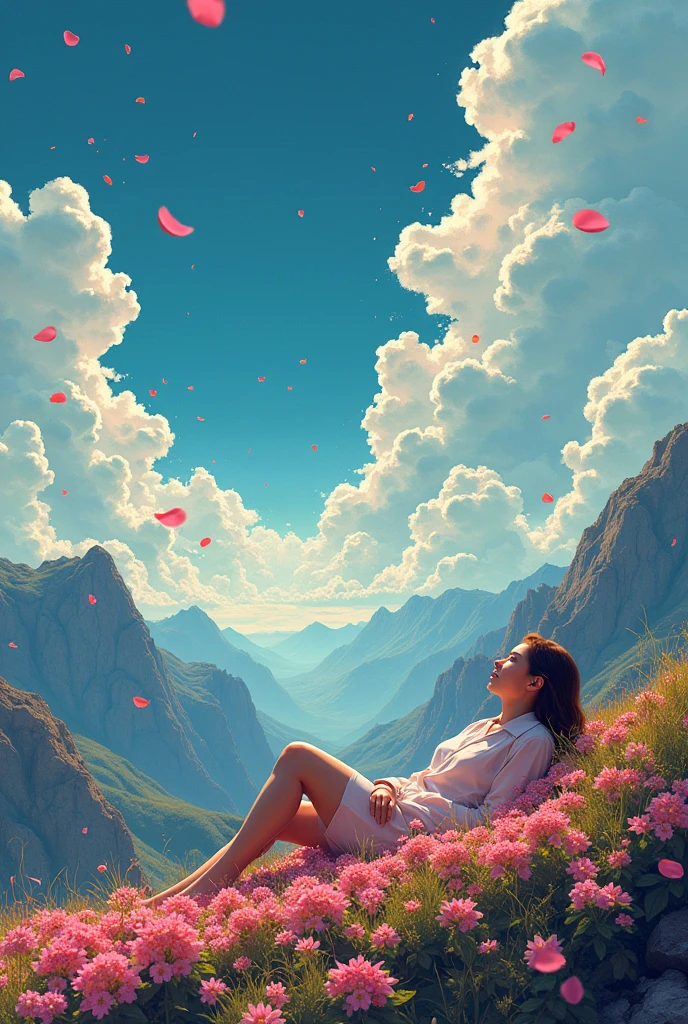 An abstract showing the day i taken mush and i m enjoying the nature from the top of a mountain by lying down and watchung the sky from clouds the petals are coming to me clouds are forming together as human abstracts
