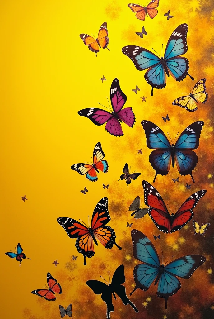Create a collage with a yellow background, It must evoke what cinema means to me., I want it to have butterflies and add whatever you want 
