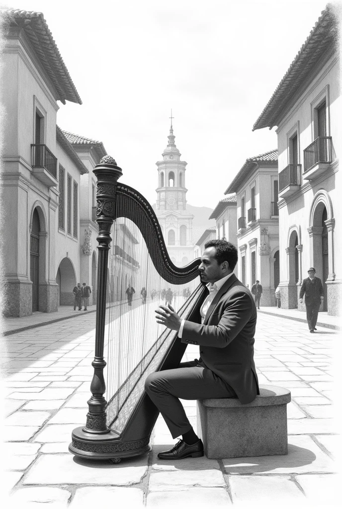 Dancing in the square of Ayacucho, gentleman playing the harp set in the time of ancient Ayacucho drawn in pencil