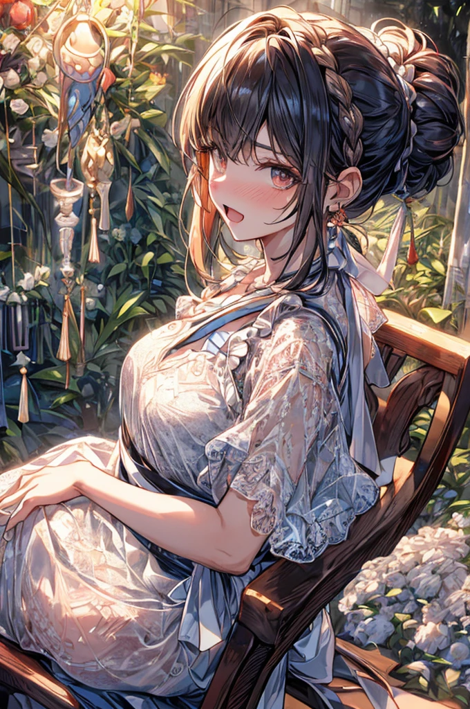 (from above:1.2),(from side:0.9),(A masterpiece of image quality in 8K),(Beautiful Allafed Woman),(((emphasizing breasts:1.1))),(Dynamic angles),(Dynamic and sexy bending pose:1.3),(sit a chair:1.1),(Short hair in shiny silver and orange inner colors,small full breasts,Disturbance of clothing due to movement,breast slip,(Ponytail twisted buns adorned with elaborate braids and beads,Braided Setup Fishbone Hair,),(see-through bangs),(perky chest:1.1), (pointed chest:1.3), small breasts、(((A white lace apron that shows your bare skin from under your small breasts)))、Blush with embarrassment、Enraptured eyes、A smile that beguiles the viewer、(Look back:1.7)、Look into the photographer,skin glistening with sweat,gazing at viewer,,(Professional Lighting),(8K,masutepiece,top-quality,Ultra-high resolution output image,),(Ultra HD with complex detail image modes),depth of fields,Beautiful hands,Beautiful fingers,Detailed finger features,(Detailed hair features:1.7),detailed facial features,detailed clothes features, (perky chest:1.1), (pointed chest:1.3), seductive weak smiling,(with sparkling eyes and a contagious smile),little open mouth,