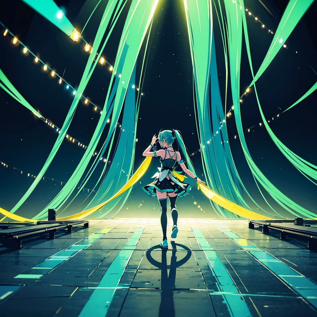 Hatsune Miku singing and dancing at a concert, stage, lights, horizontal view, fanatical fans in the distance holding light signs and glow sticks, bright picture, bright background, panoramic view, full body