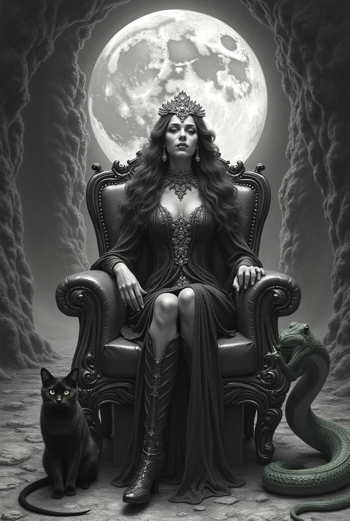 create an image of Angela Saberbein sitting in her chair, with the black cat and the green snake at his side, lighting up the room with her jewels. We could also include the cave in the background or focus only on the moon that she was contemplating on the night she was enchanted.. in pencil