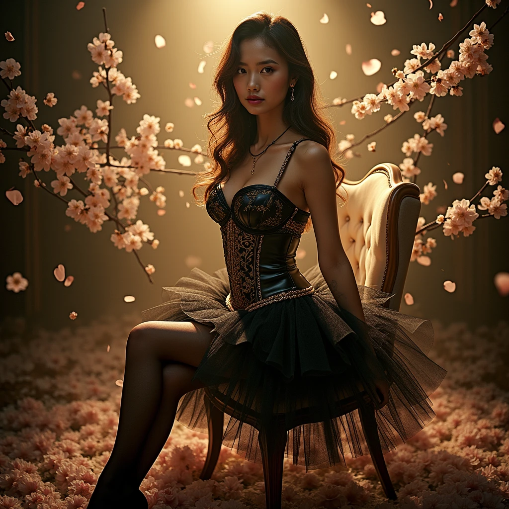 indonesia girl wearing a dark corset bustier kebaya with a beautiful black and gold mini tutu skirt, stocking, high heels, cute expression, sitting on a chair in a studio photoshoot sitting with 
a slightly dark golden background and falling cherry blossom, a full body masterpiece, with back lighting effect and shadow under her feet. 