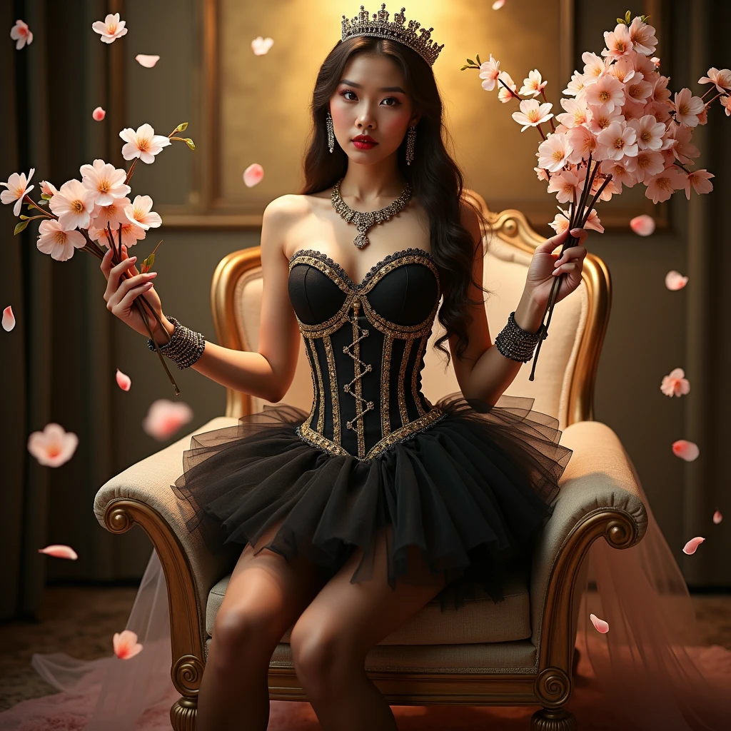 indonesia girl wearing a dark corset bustier kebaya with a beautiful black and gold mini tutu skirt, stocking, high heels, cute expression, sitting on a chair in a studio photoshoot sitting with
a slightly dark golden background and falling cherry blossom, a full body masterpiece, with back lighting effect and shadow under her feet.