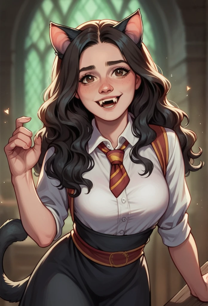 beautiful woman, long wavy black hair, brown eyes, cat ears and tail, fangs, horns, dresses as Slytherin, Harry Potter, Hogwarts