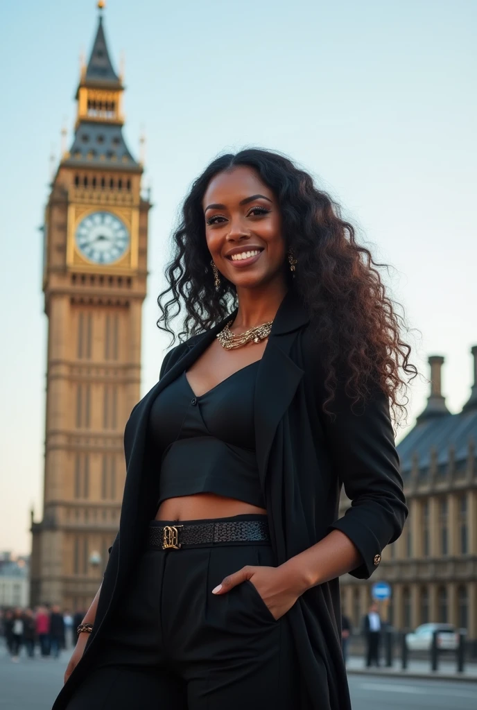 Beautiful Moroccan with dark brown eyes, 28 years old, urban looking woman, stylishly decorated, full body view, elegant outfit, in London, at big ben in london, Almond eyes, oval face shape, plus size body, extra large body, XXL body, prominent cheekbones, naturally wavy hair, High resolution, masterpiece, best quality, intricate details, highly detailed, sharpness, detailed skin texture, eye details, profession, 4k resolution, charming smile, shot with cone, depth of field, kodak vision color, 100 kilos, extremely detailed, ultra realistic photography, realistic photo, post-processing, maximum detail, true to life, instagram model.