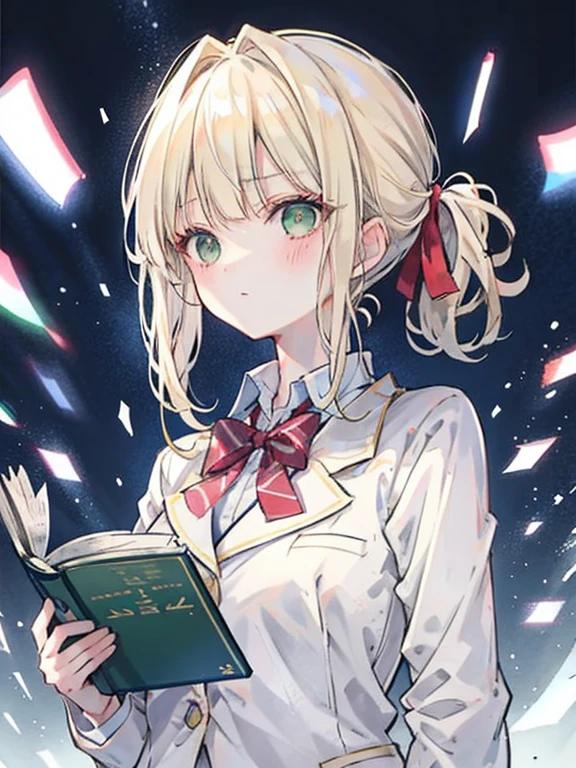 ,blonde,Straight cut bangs,Hair tied in a low ponytail,Straight hair,break,Green Eyes,Eye size:1.6,break,White blazer with navy blue collar,school uniform,break,Red ribbon,Have a textbook or book,A melancholic look,blush,I&#39;Embarrassed and a little angry,Upward glance,( About 10 years old)