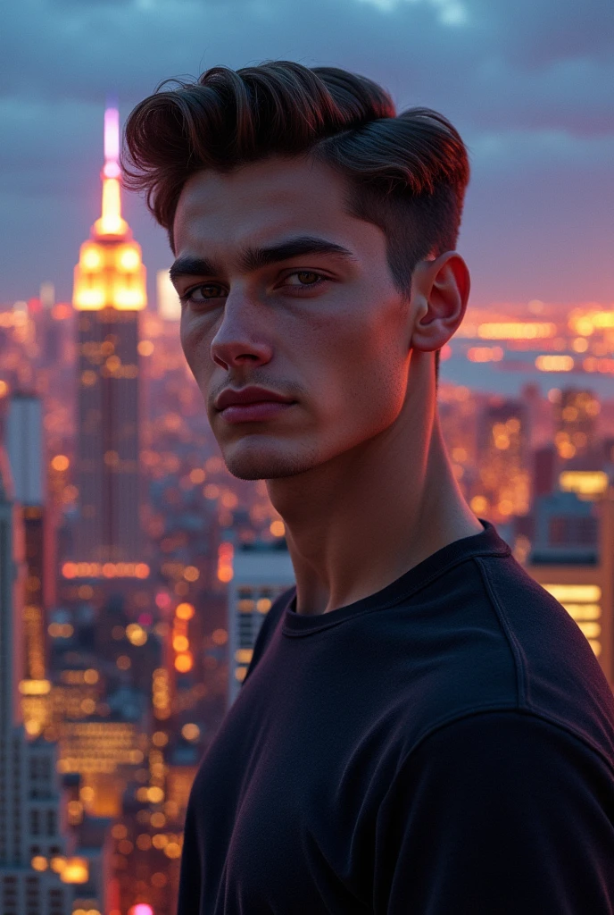 masterpiece:1.8, handsome teen boy, new york city lights, perfect face:1.1, Looking at Viewer,