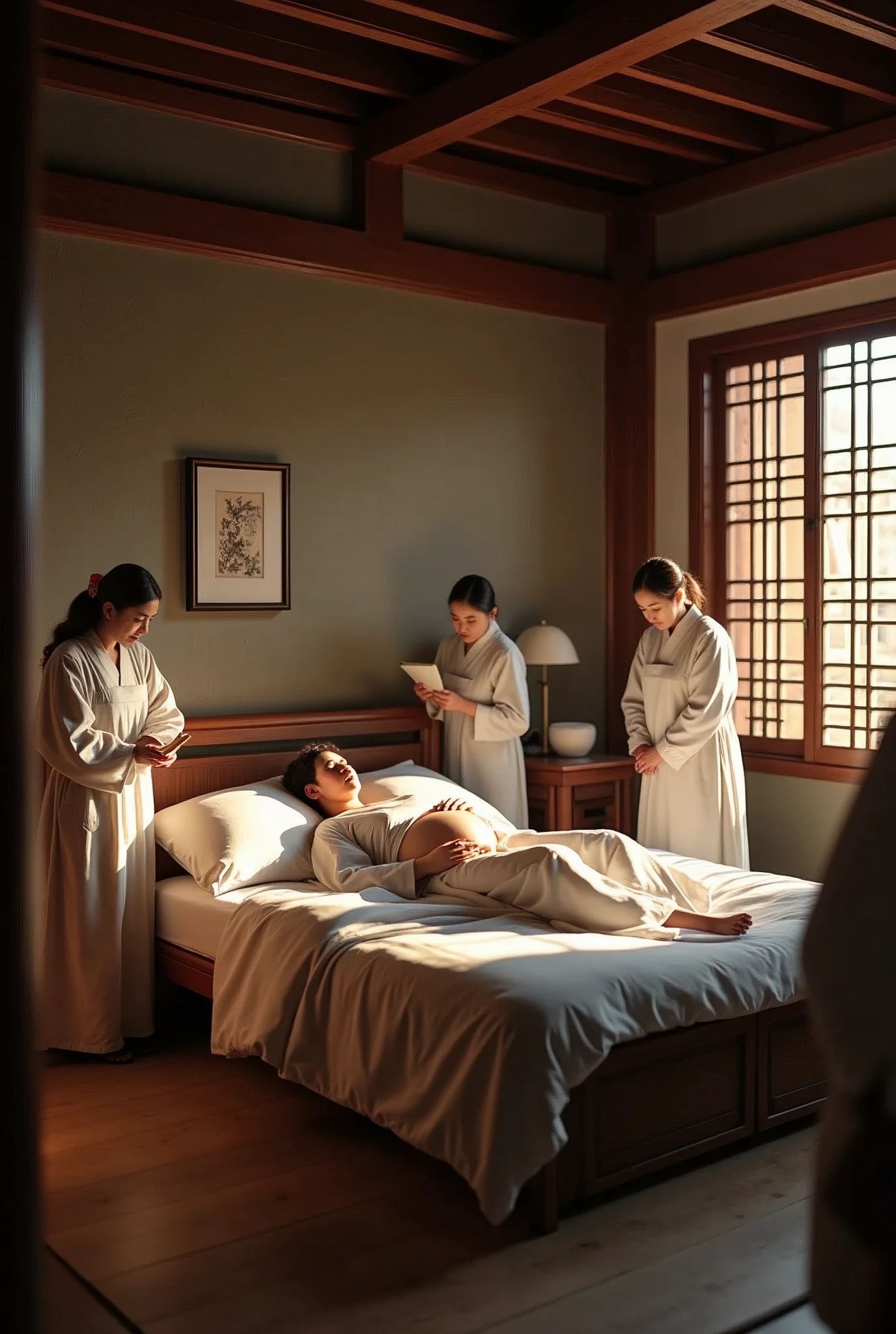 Sense of lens，Ancient，Chinese ancient style house，Main house master bedroom，Pregnant woman lying on bed，Surrounded by several busy midwives，Detailed description of interior decoration，Movie quality，Movie storyboard，8k，Ultra-clear，Hyperrealism