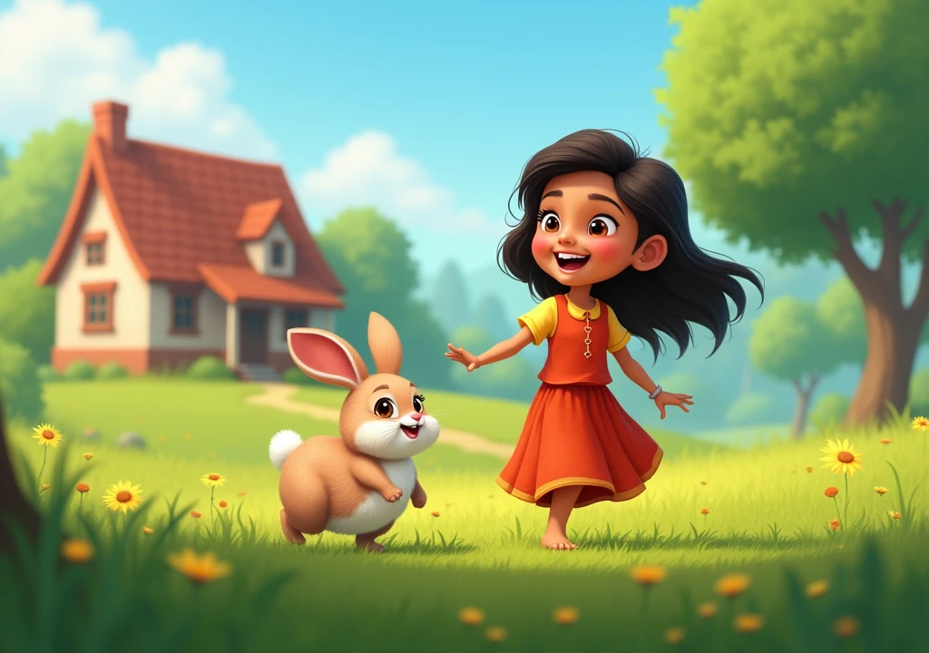 A small, peaceful village with a charming house. A young, cheerful girl named Meera with a kind expression and a small rabbit named Jhappi by her side, playing in a lush, green field.