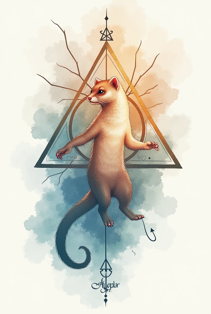 Create a watercolor tattoo from the world of Harry Potter with a ferret patronus, the Deathly Hallows triangle and the Felix Felicis potion