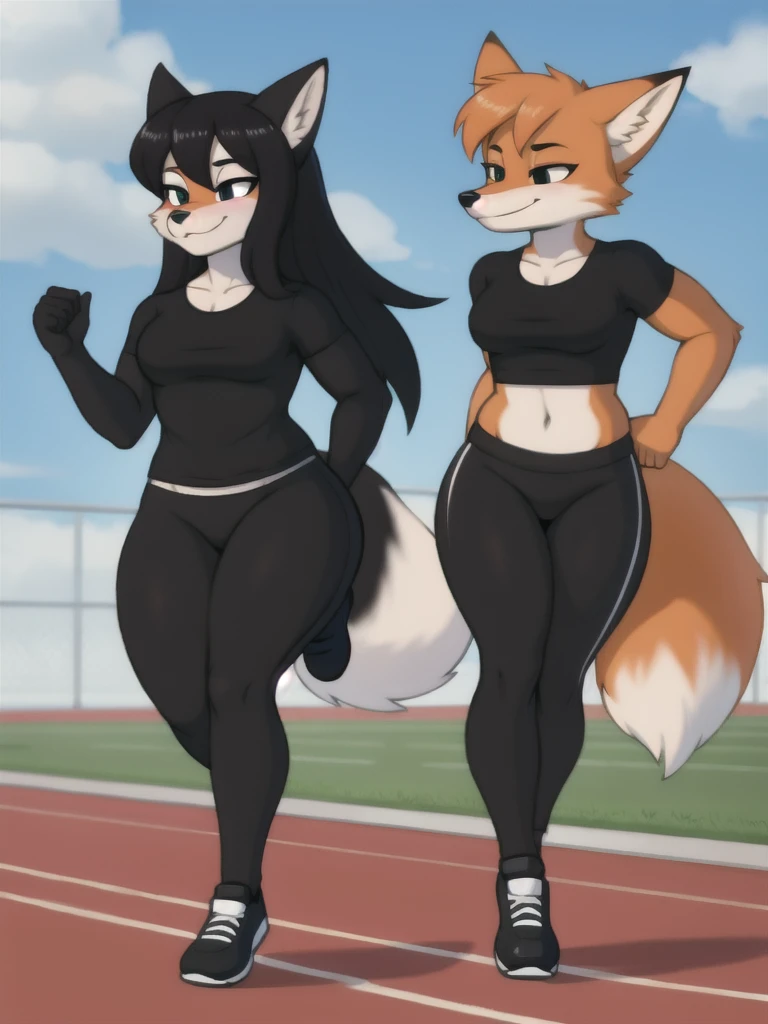 Furry, fox, female, black shirt, black leggings, shoes, running track, friends, full body