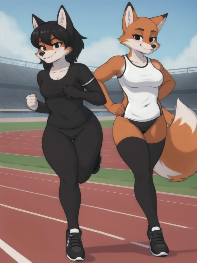 Furry, fox, female, black shirt, black leggings, shoes, running track, friends, full body