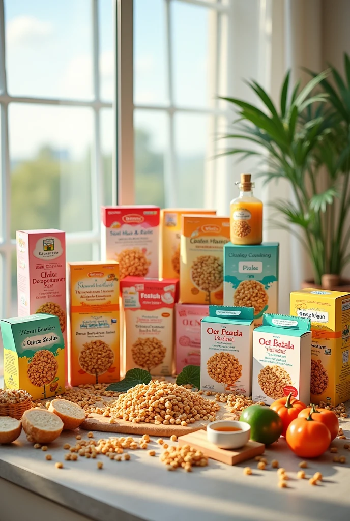 A very large table full of cereals to promote a dietetic