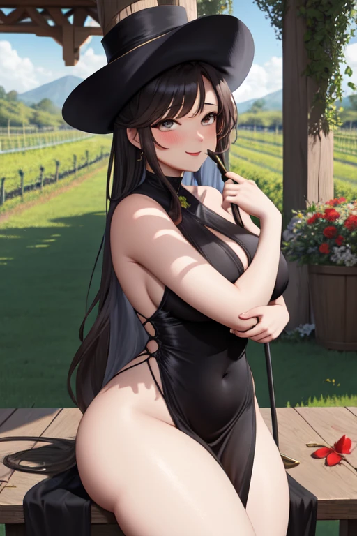 work of art, best qualityer, 1 girl, courtyard, flowers, Vineyard, Leprechaun, long black silk dress, thicc thighs, ssmile, leaning on the object, extremely sexy 