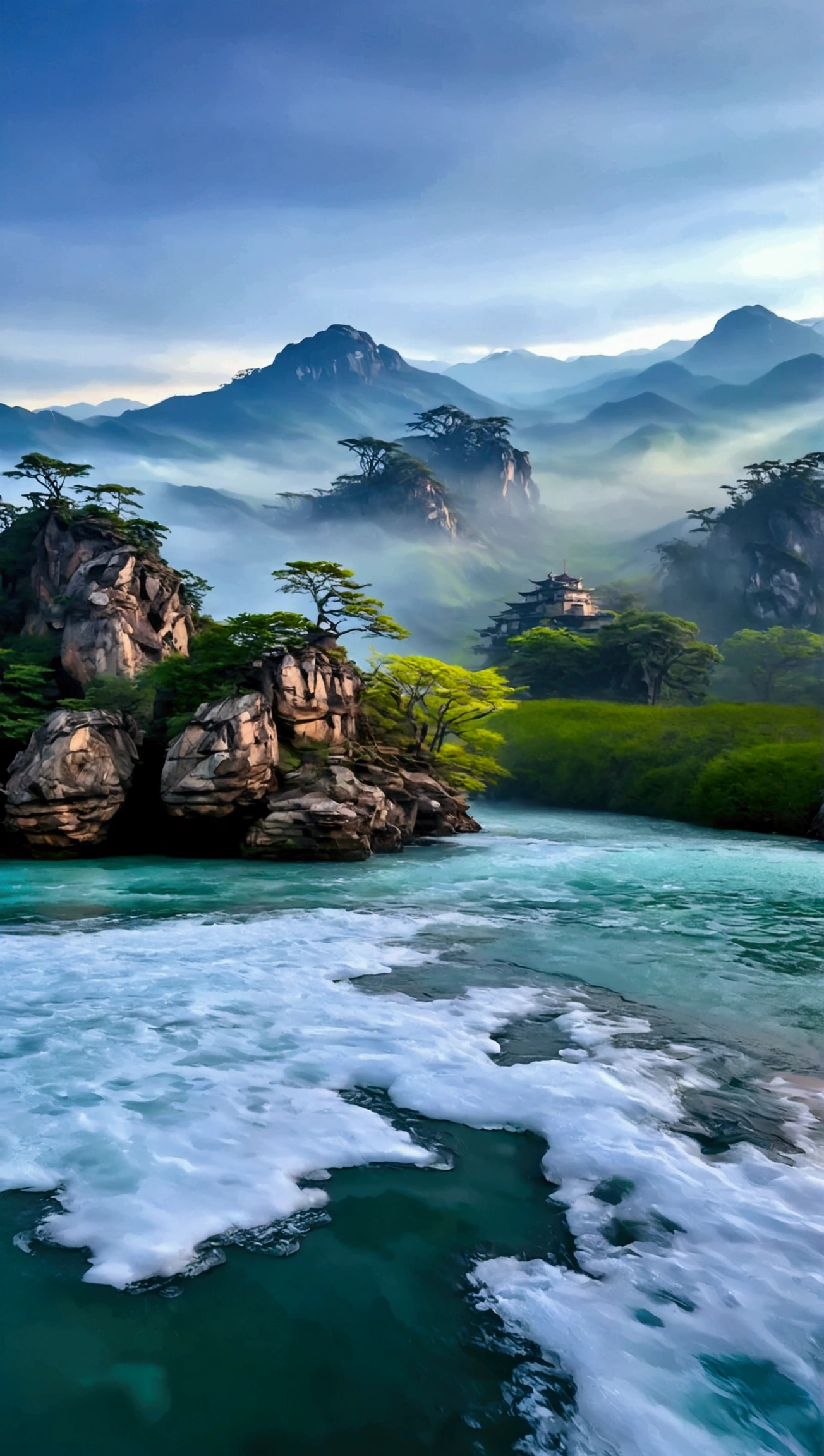 The celestial Mountain, shrouded in clouds, there is light on the mountain, like ink painting