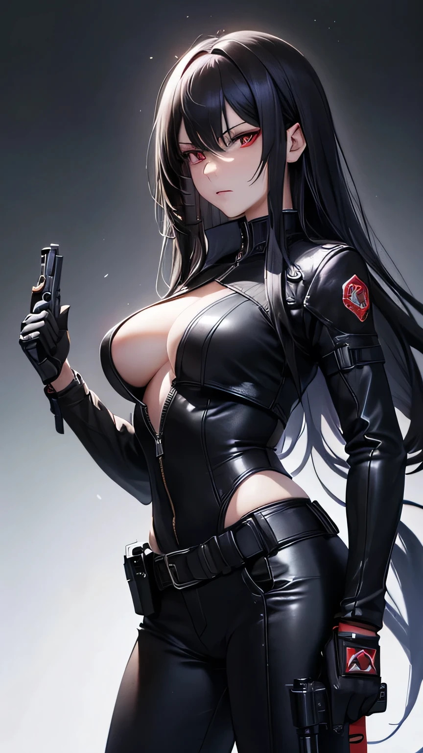 ((Highest quality)), Ultra-high resolution,Adult women, alone, sexy, (Stern face), (Red eyes), Beautiful face in every detail,(High resolution detail of human skin texture), (Black irregular long hair), Black coat,Black suit pants,A mercenary woman,（have a gun in hand）,Realistic:1.4,Realistic:1.4,Dark room,((masterpiece)),Perfect and detailed eyes,Waist up shot