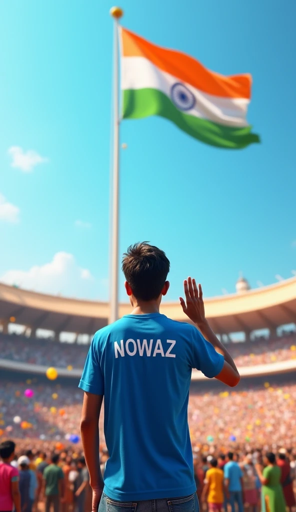 A 23-year-old thin boy wearing a blue T-shirt and jeans is standing in front of the Indian flag and saluting it with his right hand. The boy is facing the flag, so we see the back of him. The name ‘NOWAZ’ is written in white letters across the back of his T-shirt. Only one big flag floating. The background features a stadium filled with people, all celebrating India’s Independence Day. The Indian flag is prominently displayed on a tall flagpole in the center of the scene, fluttering in the breeze. The crowd is colorful and lively, with some waving small flags and others holding balloons, all under a clear blue sky.   The image size should 9:16