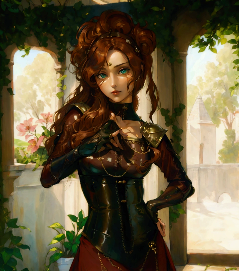 Woman, Auburn Hair, Tanned Olive Skin, Hooked Nose, Wine Colored Dress, Leather Corset, Gold Jewelry, Painting, Portrait, renaissance era, medieval era, Sun lit room, soft, warm, nostalgic lighting, in a garden, green eyes, fingerless gloves, sharp facial features, alluring make up, wavy hair, long hair, thin eyebrows, foxy eyes, delicate hands.