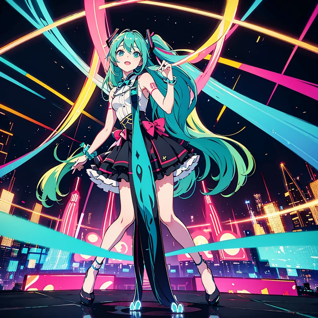 Hatsune Miku singing and dancing at a concert, stage, lights, horizontal view, fanatical fans in the distance holding light signs and glow sticks, bright picture, bright background, panoramic view, full body