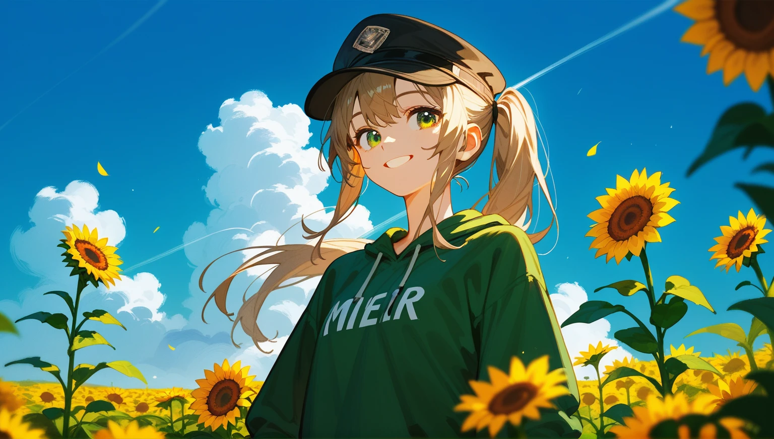 1,Brown side ponytail,Green eyes,Movie lighting,Blue sky,White Cloud,Highest quality,Smile,Half squint,Sunflower field,Dark green sweatshirt,Peaked Cap