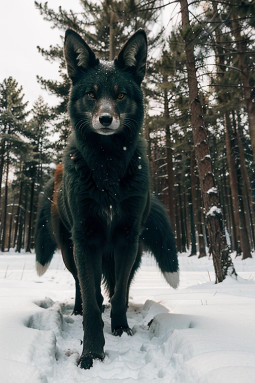 Angry giant green nine-tailed fox in the middle of a snowy forest