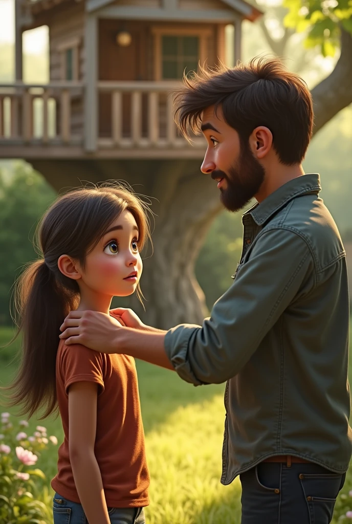 Receiving Encouragement:
Prompt: "The girl’s dad or mentor giving her encouraging words and a pat on the back as she takes a break from working on the treehouse."