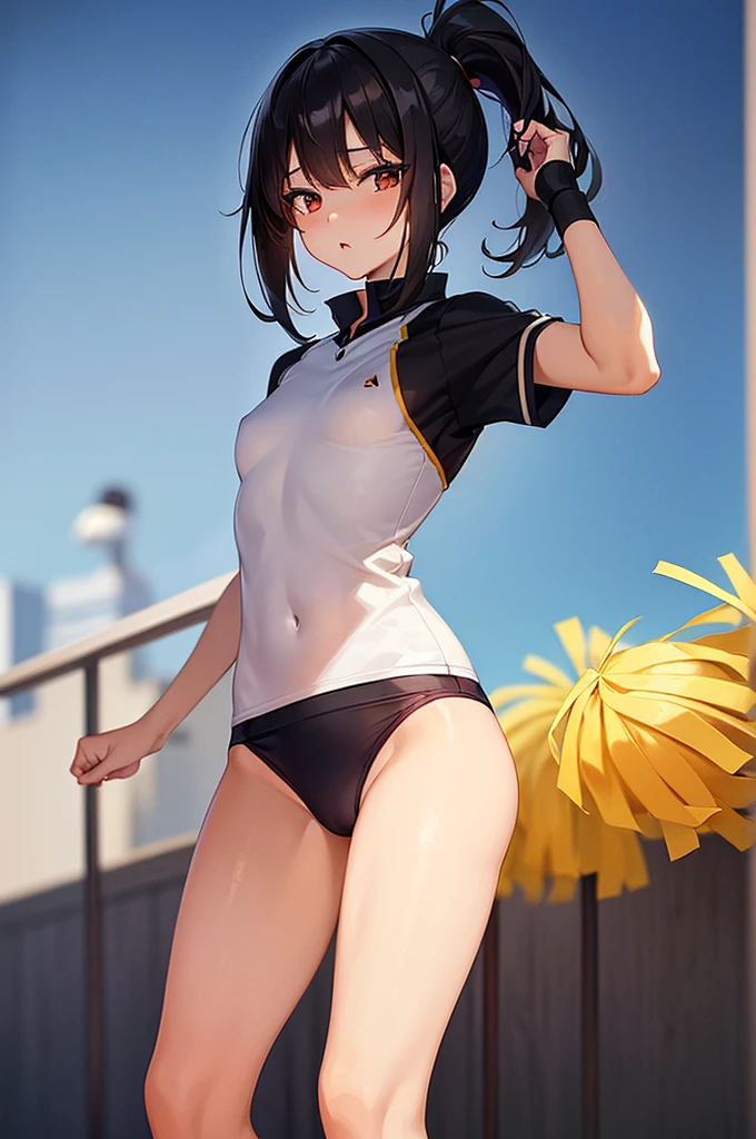 masterpiece, best quality,anime style, 1 girl,(((slender body))), (((small eyes,small breast))),(((cheerleader uniform))),(cum), (beautiful face), (((short ponytail))), (((straight hair))), ((((black hair)))),detailed beautiful skin, (perfect hands, perfect anatomy),scream