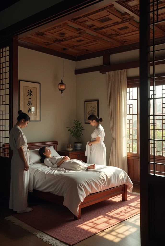 Sense of lens,Ancient,Chinese ancient style house,Main house master bedroom,Pregnant woman lying on bed,Surrounded by several busy midwives,Detailed description of interior decoration,Movie quality,Movie storyboard,8k,Ultra-clear,Hyperrealism