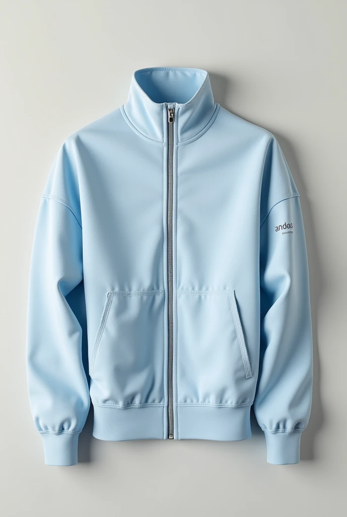 Create a light blue, white and lead colored zippered sweater that says andoas on one sleeve, head on, not very elaborate design