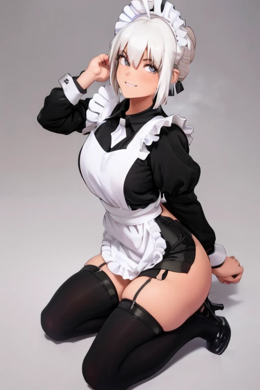 female, silver messy, short hair, silver eyes, cybernetic, (((1girl))), (((black short sleeved maid uniform))), (white apron), (knee length skirt), (white stockings), (black heels), cute and sexy, full body, large breasts, large butt, long legs, smiling