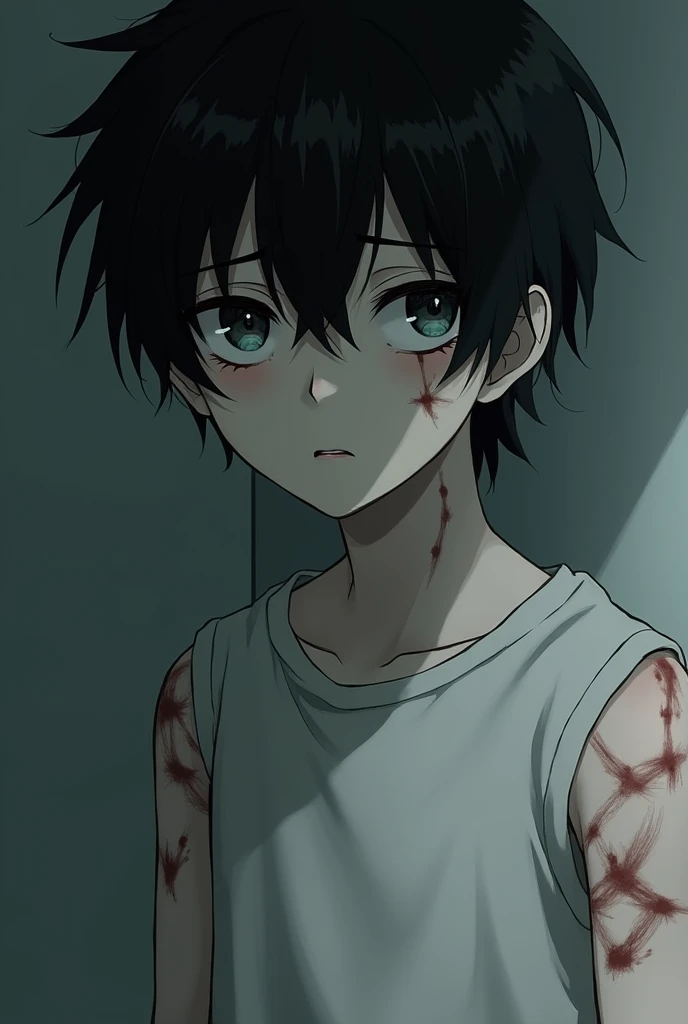 (anime) White-skinned boy with burns on his arms, face and dark circles, black hair and tall