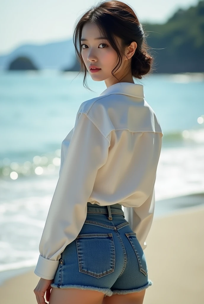 Top quality, 1 beautiful woman, 20 years old, realistic photo, slit eyes, smiling, f cup, whole body, Monolid, Narrow eyes, Thin lips, Average face of Japanese MILFs, stick out her buttocks, back facing, Natural and soft light, Dynamic Angle, She is wearing a collared shirt and jean shorts, Outside, On the beach