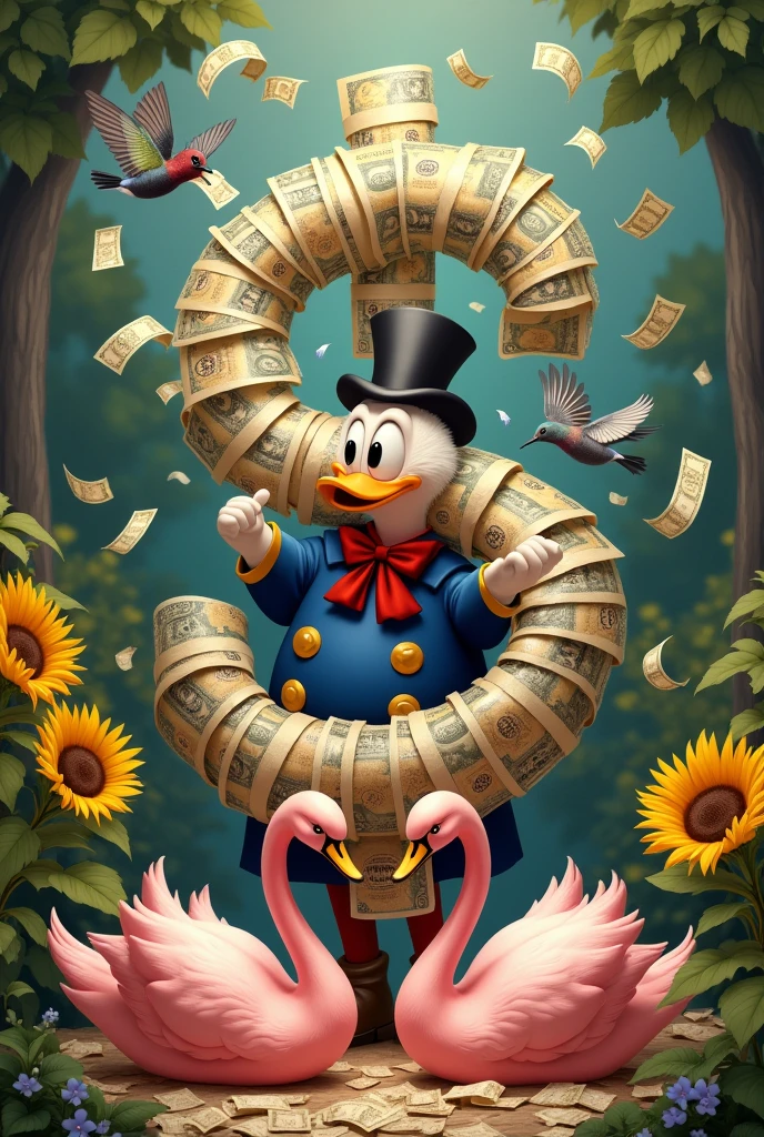Uncle Scrooge surrounded by banknotes, making a dollar sign with the notes. Hummingbird flying around sunflowers and two pink swans on the ground forming a heart