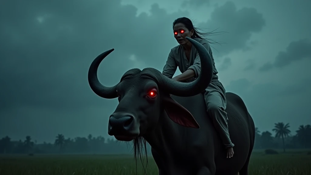 A scary red-eyed cambodia grandmother rides a buffalo in the fields at night 8k