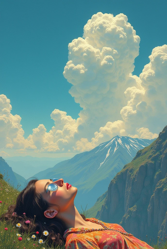 An abstract showing the day i taken mush  and i m enjoying the nature from the top of a mountain by lying down and watchung the sky from clouds the pearls are coming to my eyesand  clouds are forming together as human abstracts 